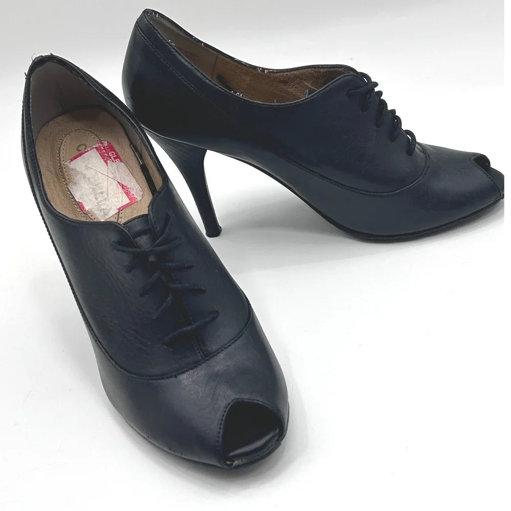 Ciao Bella Black Leather Peep Toe Lace Up Stiletto Bootie Pumps Heels Size 7